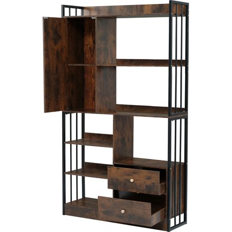 Librería industrial de 6 estantes con puertas y cajones 100 x 30 x 173,5 cm negro marrón (1/5)