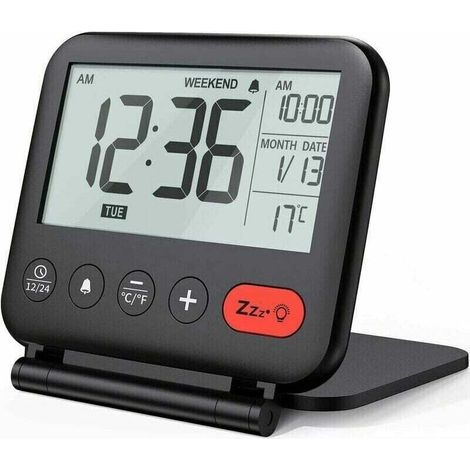 Sveglia da viaggio Mini orologio digitale LCD portatile con calendario retroilluminato 12/24 ore Temperatura Specchio per il trucco Piccolo orologio da tavolo pieghevole alimentato a batteria (nero)-B