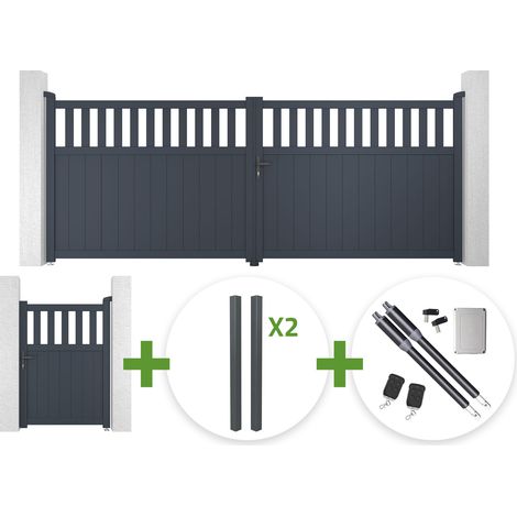 Portail battant 4m SANTIS H.140cm aluminium gris + 4 poteaux ELDA + Portillon 1m SANTIS H.140cm aluminium gris + motorisation Ranger B150 (1/5)
