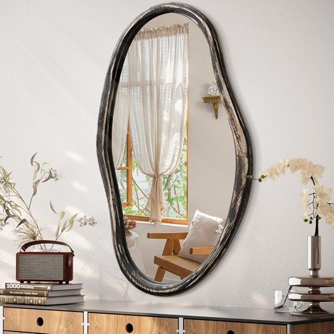 Miroir mural asymétrique en bois moderne - Grand miroir irrégulier pour décoration murale - Miroir de maquillage suspendu avec cadre en bois - Décoration pour salon, salle de bain, chambre à (1/5)