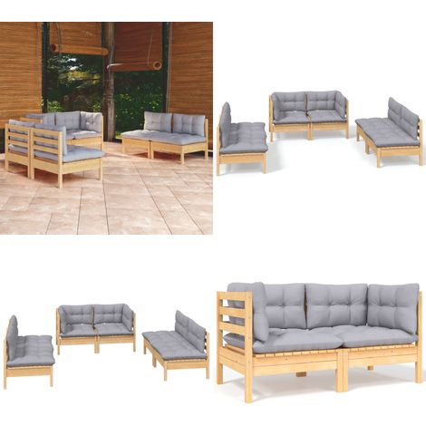 6-tlg. Garten-Lounge-Set mit Grauen Kissen Kiefer Massivholz - Garten-Lounge-Set - Garten-Lounge-Sets - Home & Living (1/5)