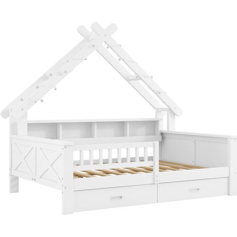 Lit cabane enfant 140 x 200 cm en MDF et pin, blanc, avec LED et tiroirs (1/5)