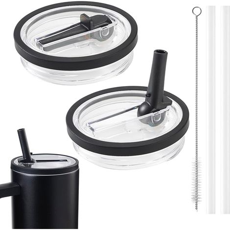 Lot de 2 Couvercles de Remplacement pour Stanley Cup 40oz avec Paille et Brosse de Nettoyage, Accessoires Compatibles Stanley Cup(Noir） (1/5)