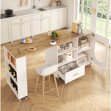 Meuble de cuisine roulant, plateau pivotant à 360°, tiroir, 120-180 x 60 x 90 cm, HAVRYA (1/5)