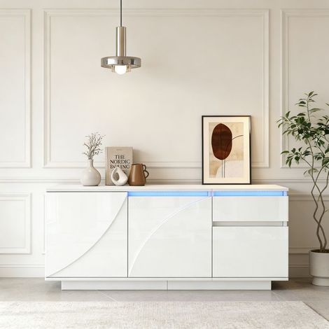 Aparador, 140 x 40 x 60 cm, iluminación LED, 3 compartimentos y 1 cajón, puertas de vidrio, mueble de salón y cocina, moderno, blanco