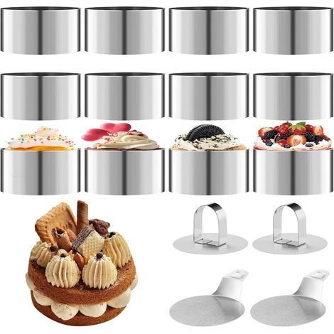 16 stainless steel pastry rings, contains 12 round cookie cutters (diameter 8 cm), 2 bases and 2 lids, pastry cutters for baking, mousse, cakes, desserts (1/5)