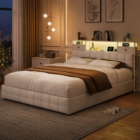 Lit 160 x 200, Lits Double avec LED et Multiprise USB Tpye C, Cadre de Lit en Métal avec 4 Tiroirs, Tête de Lits en Bois Capitonnée avec 5 Compartiments, Lits 160 x 200 avec Sommier et Rangement, Velo (1/5)