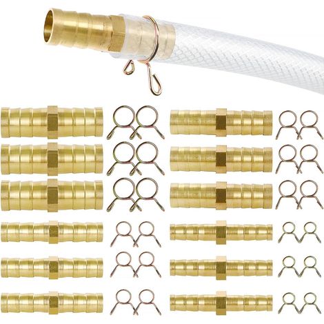 12pcs 6/8/10/12mm Brass Hose Connector Barbed Connector 2 Way Fuel Hose Connector with 24 Clamps for Fuel, Air, Water, Diesel (1/5)