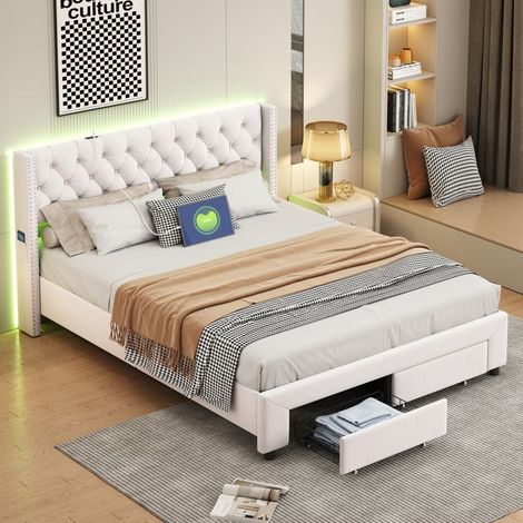 Bett 140x190cm - LED Kopfteil - 2 Schubladen - Beige Samt - Skandinavisches Design