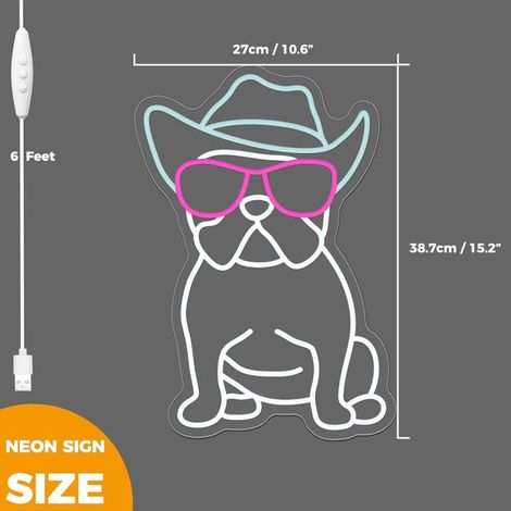 Insegna al neon con bulldog, cowboy bulldog francese con occhiali, insegna al neon a LED per decorazione murale (1/3)