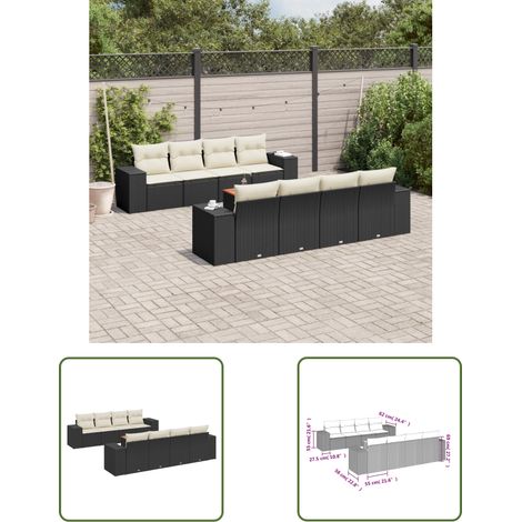 The Living Store 9-tlg. Garten-Sofagarnitur mit Kissen Schwarz Poly Rattan - Gartensortiment - Gartenmöbelset - Outdoor Möbel - Lounge Set - Rattan Gartenmöbel