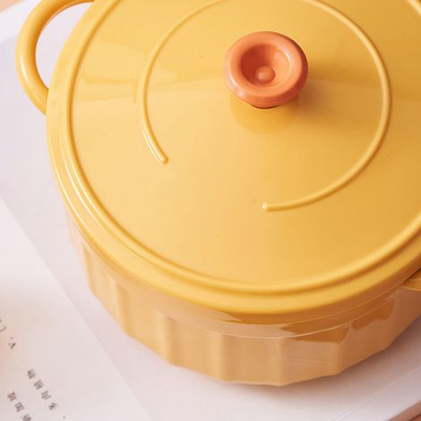 Bol à nouilles instantanées avec couvercle, bol simple à double anse, boîte à lunch de style japonais, bol en émail ménager, grand bol jaune citron pour dortoir étudiant. (1/5)