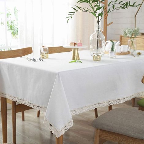 Nappe blanche unie en dentelle - Nappe classique en coton et lin - Moderne et minimaliste - Anti-poussière - Pour cuisine, dîner, pique-nique, décoration de la maison (blanc crème, 220 x 140 (1/5)