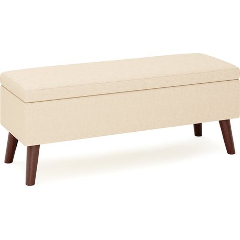 Panca Contenitore 2 in 1 Bealife Sgabello da Letto Imbottito da 110 cm Tessuto di Lino Poggiapiedi Regolabile in Legno per Camere da Letto Corridoi Ingressi Beige