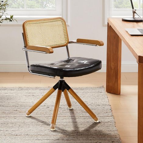 Schreibstuhl mit Rattan-Rückenlehne, Kunstleder, Holzbeine, 360° drehbar, Schwarz (1/5)