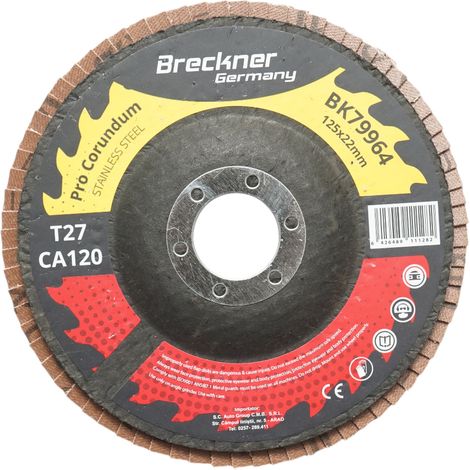 Disco lamellare abrasivo al corindone T27 CA120, 125x22mm per la levigatura/lucidatura di acciaio inossidabile e metallo Breckner Germany