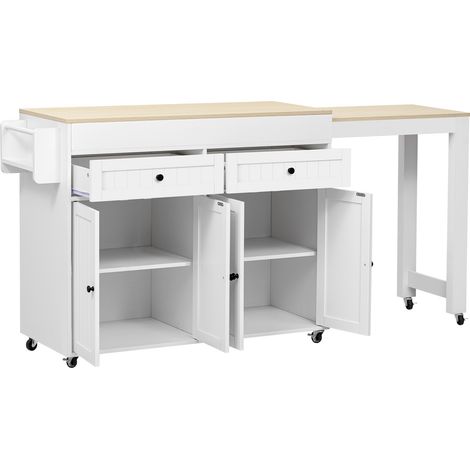 Isla de cocina móvil con encimera extensible y cajones de MDF blanco y natural (1/5)