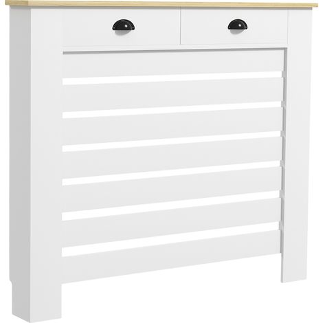 Weiße Heizkörperverkleidung mit horizontalem Lamellengitter, 2 Holzschubladen, 111 x 19 x 95,5 cm, Design-Heizkörperverkleidung für das Wohnzimmer, integrierter Stauraum, Heizschrank