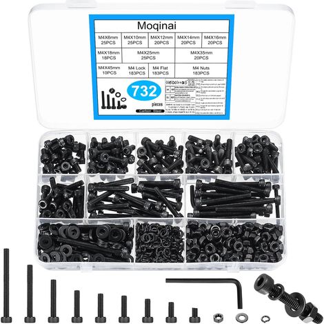 732 Pièces Set de Vis M4, Vis à Tête Cylindrique Hexagonale en Acier Carbone Noir, Kit de Vis M4 avec Écrous et Rondelles, Assortiment de Vis Métalliques, Set Boulons Écrous Rondelles (1/5)