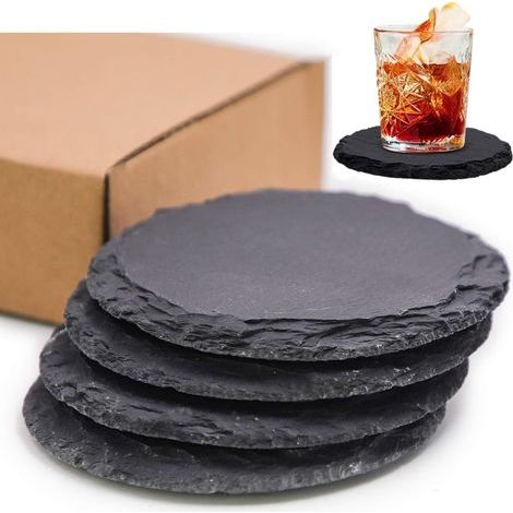4-teiliges Set Schieferuntersetzer, 10 cm Durchmesser, schwarz, für Kaffee, Bar, Küche und als Dekoration für Zuhause (1/5)