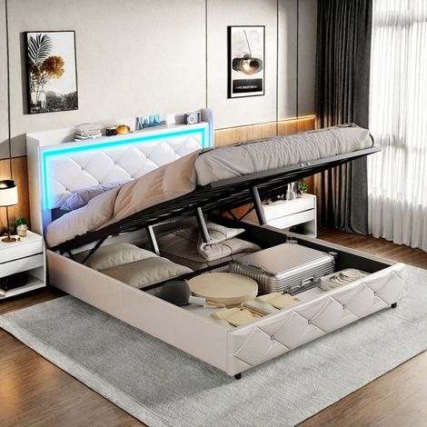 Doppelbett mit Kofferraum - TANANT - 160x200 cm - Integrierte LED - Praktischer Stauraum - Weißes PU-Leder