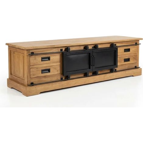 Meuble TV L. 180 cm en bois de teck massif et métal noir – EDWARDS (1/5)