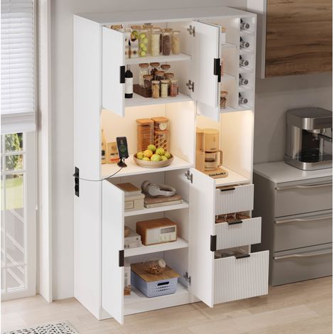 Buffet haut de cuisine H180 cm avec LED, prises USB Type-C, compartiment à bouteilles de vin, étagères réglables, 5 portes, 3 tiroirs, blanc, MDF (1/5)