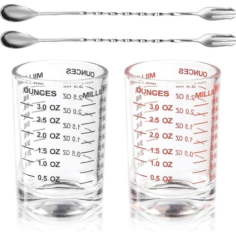 2 Pcs Tasse à Mesurer en Verre 90ml, Verre Doseur Cocktail avec Échelle de Précision, Transparente Doseur Lait avec 2 Cuillères à Mélanger, Résistant à la Chaleur, pour Bar, Cocktail, Vodka (1/5)
