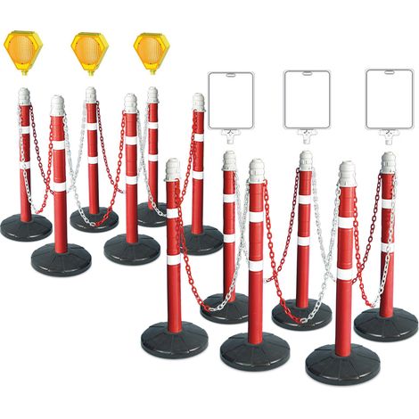 BRB Lot de poteaux de chaîne 12 supports de chaîne, 22 m de chaîne, 3 x lampes clignotantes solaires, 3 x tableau photo neutre pour kit de support de chaîne