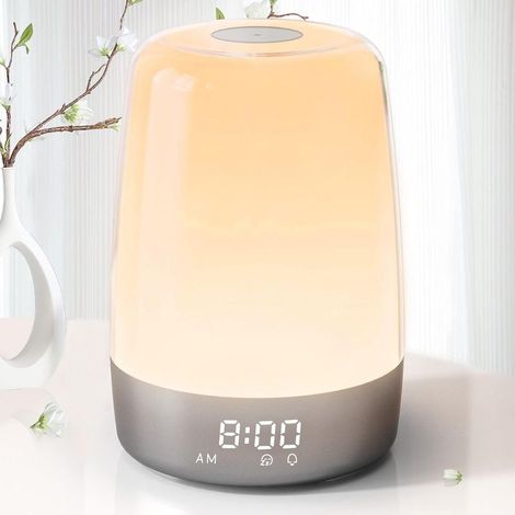 Sonnenaufgangssimulator-Wecker für Tiefschläfer, Nachttischlampe mit einstellbarer Helligkeit, Einschlafhilfe, 7 RGB-Leuchten, 7 natürliche Alarmtöne, Schlummerfunktion