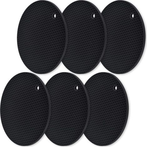 Lot de 6 maniques antidérapantes et résistantes à la chaleur - Dessous de plat en silicone - Maniques en silicone - Motif nid d'abeille - Noir (1/5)