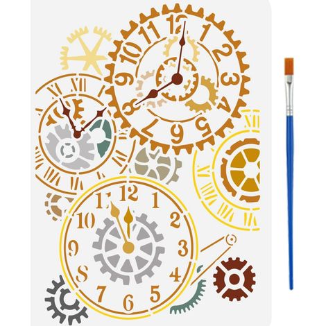 Pochoirs D'Horloge à Engrenages Avec Un Pinceau 29.7X21cm Pochoirs Motifs Engrenages Pochoirs Horloge Créatifs Pochoirs Engrenages Rétro Modèle Horloge Thèmes Vintage (1/5)