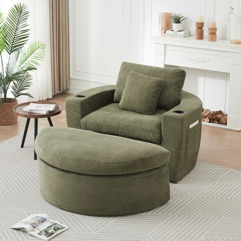 Fauteuil lounge modulable vert en velours côtelé avec pouf, rangement et porte-gobelet - CHICFURN (1/5)