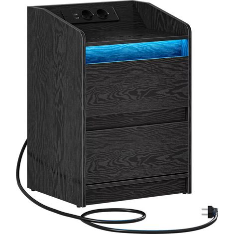 Tables de chevet avec lumières LED, station de recharge et 2 tiroirs, table d'appoint avec ports et prises USB, Noir (1/5)