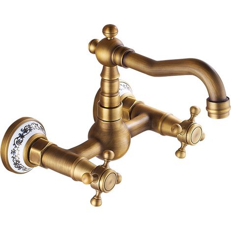 Robinet Murale Cuisine - Robinet Mélangeur Double Commande en Céramique - Rotation 360° - Finition Bronze Ancien - Pour Évier Cuisine