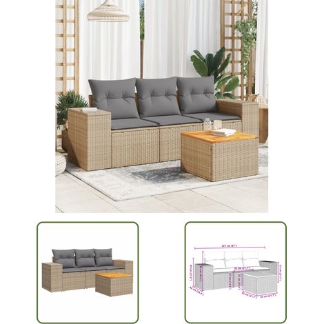 The Living Store Salon de jardin avec coussins 4 pcs beige résine tressée - Salon De Jardin - Meuble Extérieur - Set Salon De Jardin - Mobilier De Jardin - Fauteuil De Jardin