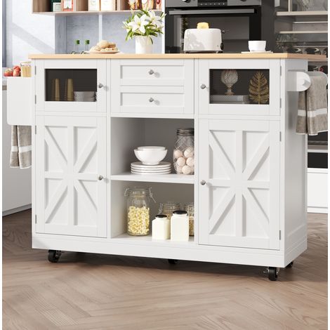 Isla de cocina 140x70x93.5 cm blanca en MDF con encimera abatible y ruedas con freno (1/5)