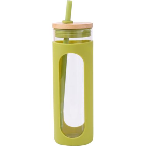 Vaso de vidrio de 600 ml, con tapa de bambú y pajita botella de vidrio a prueba de fugas, con tapa protectora de silicona, libre de BPA. (1/5)