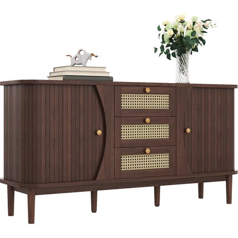AS EASY Buffet, commode en rotin, commode à portes coulissantes, étagères réglables et plateau arrondi. (1/5)