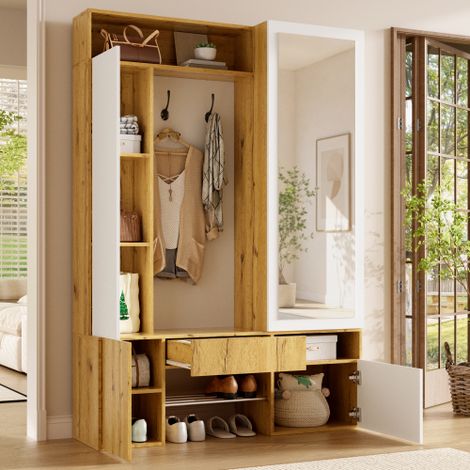 Garde-Robe d'Entrée avec Miroir et Porte-Chaussures, Armoire à Vêtements avec Tringle et Crochets, Meuble d'Entrée avec Étagères et Tiroirs en MDF (Blanc et Bois Naturel) (1/5)