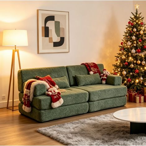 Sofá cama modular plegable de chenilla verde, ahorra espacio para estudio – MEUBLIV (1/5)