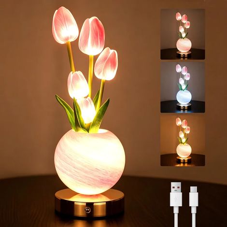 Lampe de Chevet avec Recharge USB Veilleuse Tulipe Rose avec 3 Modes de Couleur et Intensité Réglable jardin terrasse extérieur (1/5)