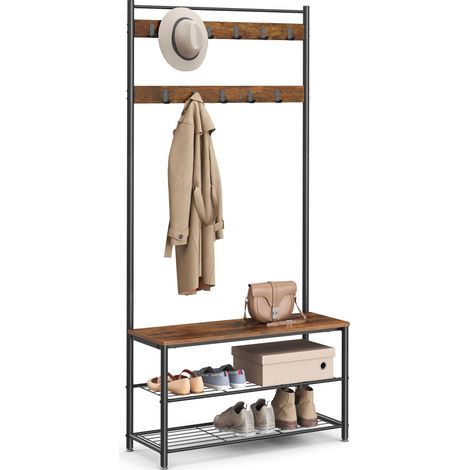 Porte-manteau avec Étagère à Chaussures, Meuble d’Entrée avec Banc, 3-en-1, Cadre en Acier, pour Entrée, Couloir, 32 x 85 x 175 cm, Style Industriel, Marron Rustique et Noir HSR401B01 (1/5)