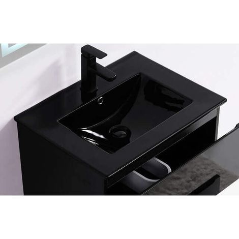 Rue Du Bain – Vasque à encastrer céramique noire brillante 81x47 cm – Trop plein avec cache chromé – Compatible meubles 80 cm – Installation facile
