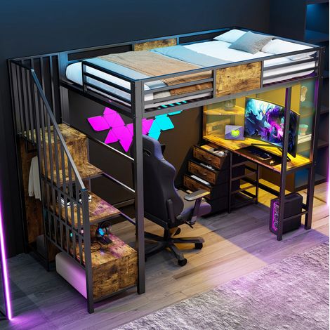 Letto a soppalco in metallo 90 x 200 cm con scrivania, ripiani, LED e presa OKWISH (1/5)