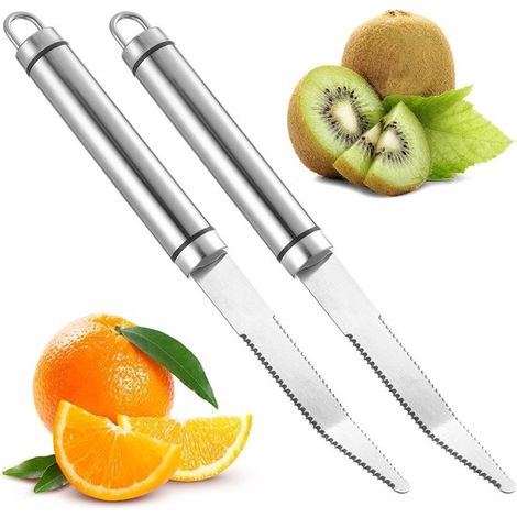 Juego de 4 cucharas y cuchillo de acero inoxidable para pomelo con filo dentado,Cortador curvo para cítricos con hoja de acero inoxidable