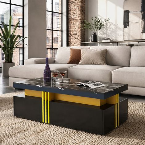 Mesa de centro rectangular 100 x 50 x 40 cm, brillo efecto mármol, 2 cajones, negra DESVIAE (1/5)