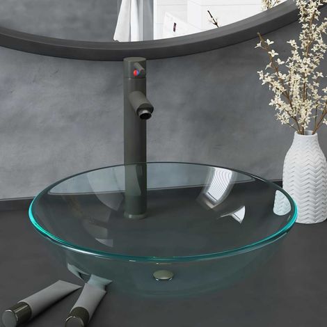 vidaXL Lavabo de bain avec robinet et drain à poussoir Verre trempé (1/5)