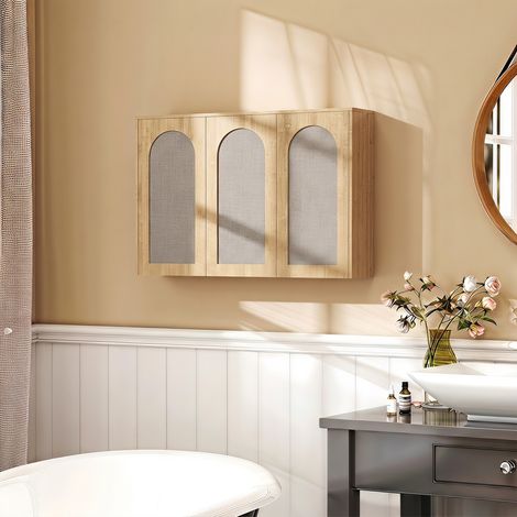 Armoire Murale Salle de Bain Bohème, 3 Portes Effet Rotin Fermeture Douce, Étagère, Chêne (1/5)