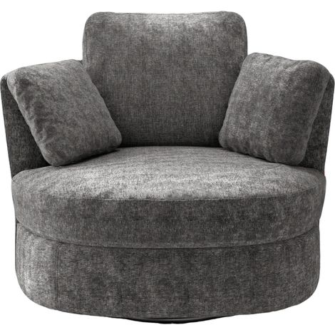 Fauteuil XXL en chenille grise avec coussins séparés et assise haute densité, pivotant 360° (1/5)